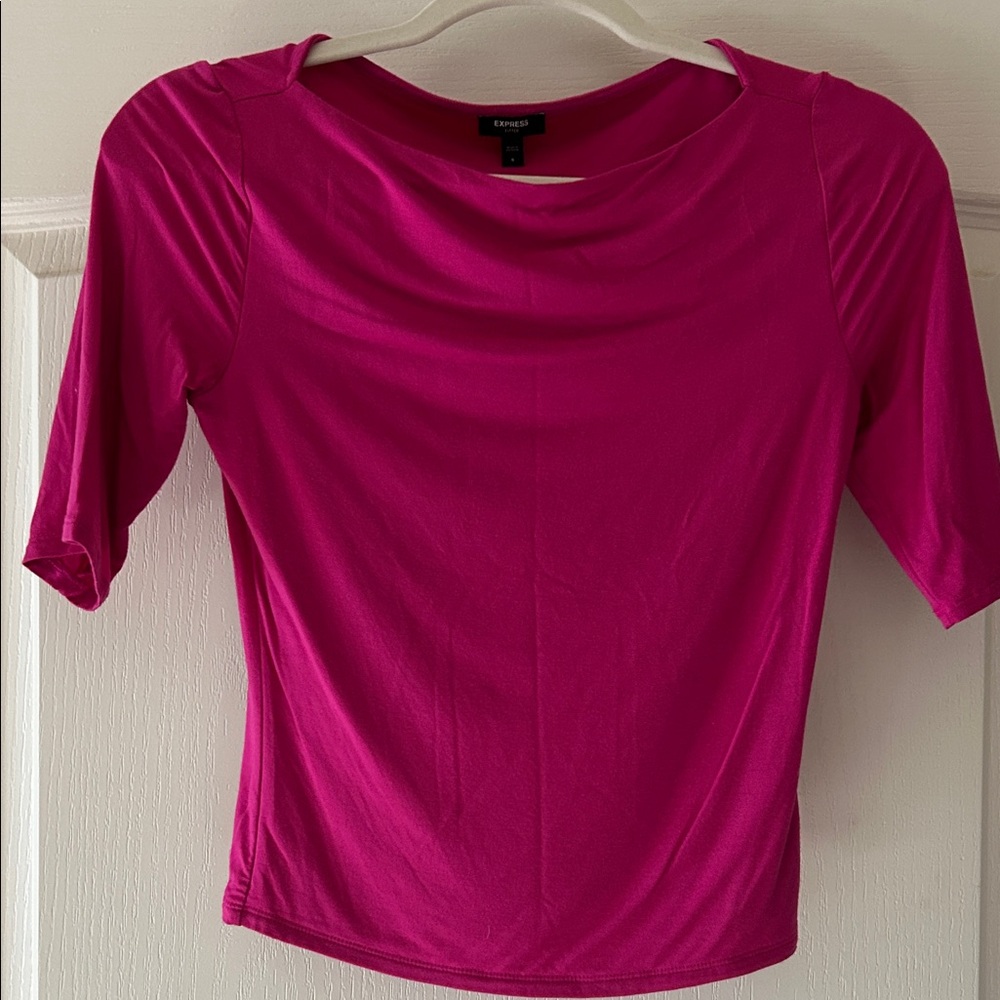 Express Fuchsia Short Sleeve Draped Neck Top
